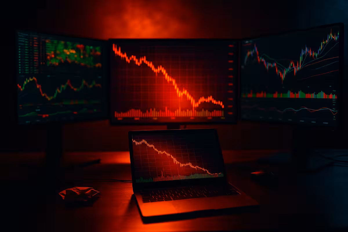 Photorealistic image of a modern trading desk with multiple monitors showing red market charts and volatility spikes, symbolizing the buildup of financial risk leading to a trading blow-up.