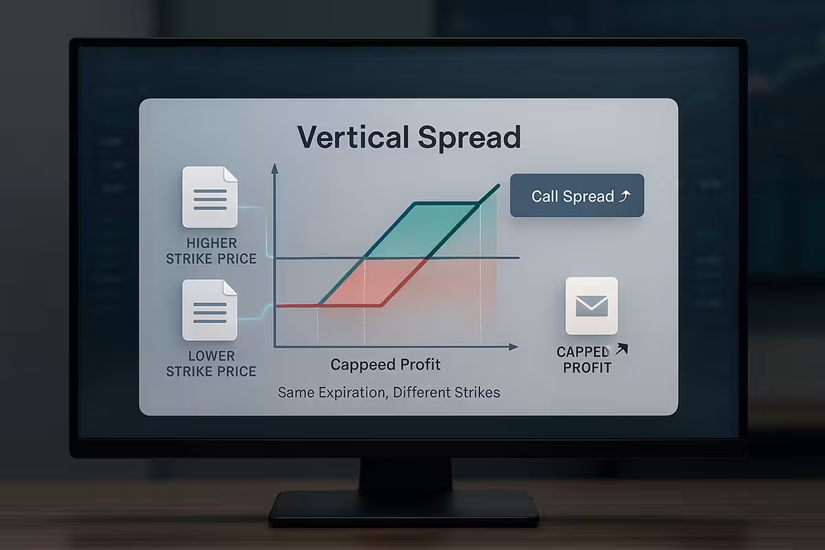Realistic digital illustration of a trading screen showing a Vertical Spread strategy. Central P/L graph with capped profit/loss zones. Two contract icons (higher/lower strike) connected by a glowing line. Call/Put spread toggle beside chart. Subtle label: 'Same Expiration, Different Strikes.' Background is clean, modern, and data-focused.