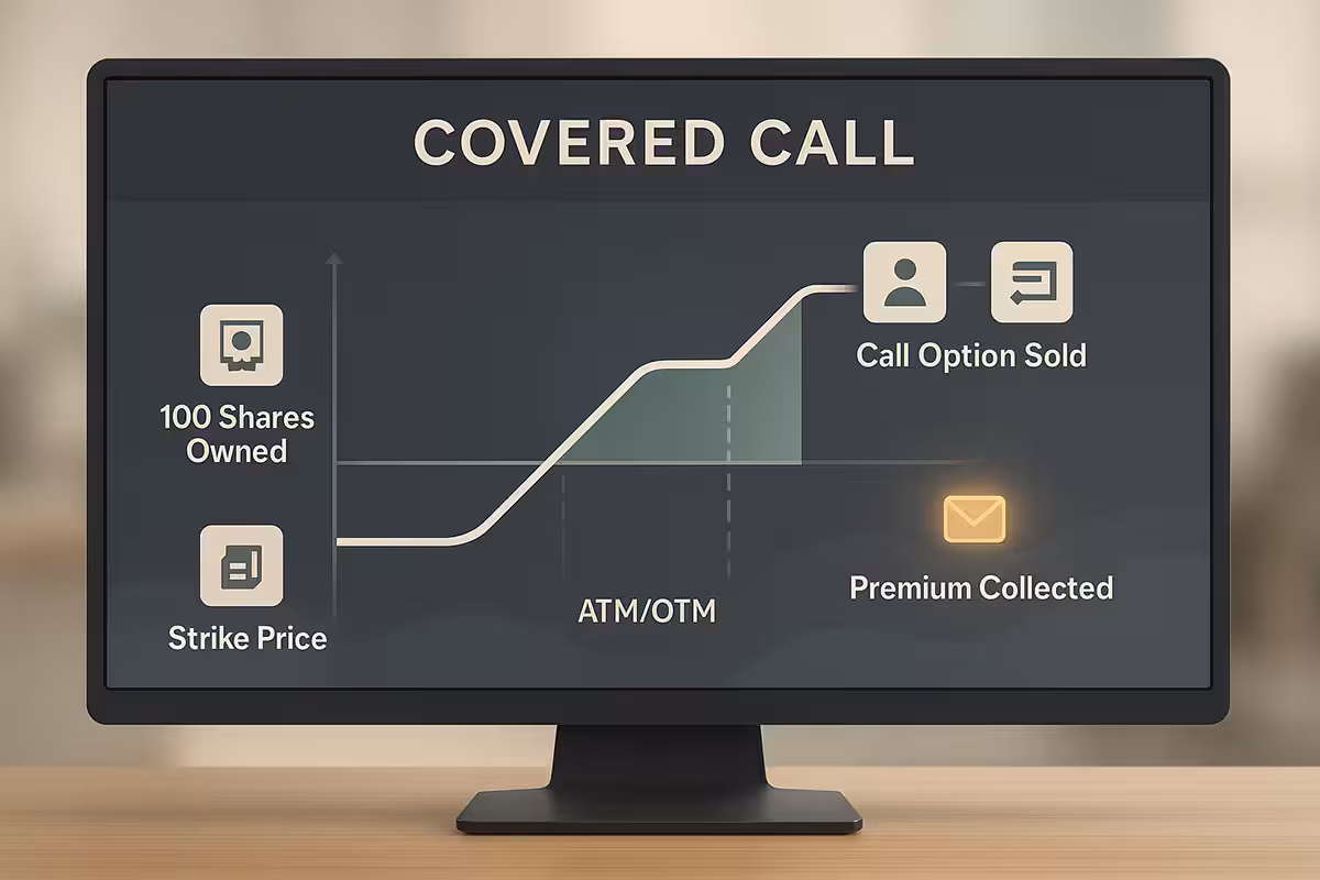 Highly realistic digital illustration of a modern trading screen displaying a Covered Call strategy. Central graphic: upward-sloping profit/loss chart that flattens at strike price (marked ATM/OTM). Icons: '100 Shares Owned' (stock cert), 'Call Option Sold' (contract with down arrow), 'Premium Collected' (glowing envelope). Neutral, sleek background—professional, calm tone.