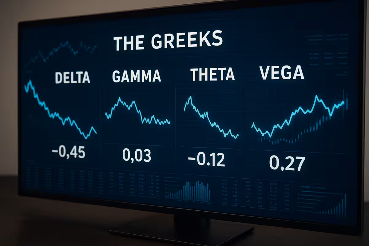 High-resolution photorealistic image showing a financial display focused on options Greeks—Delta, Gamma, Theta, and Vega—on a widescreen monitor.