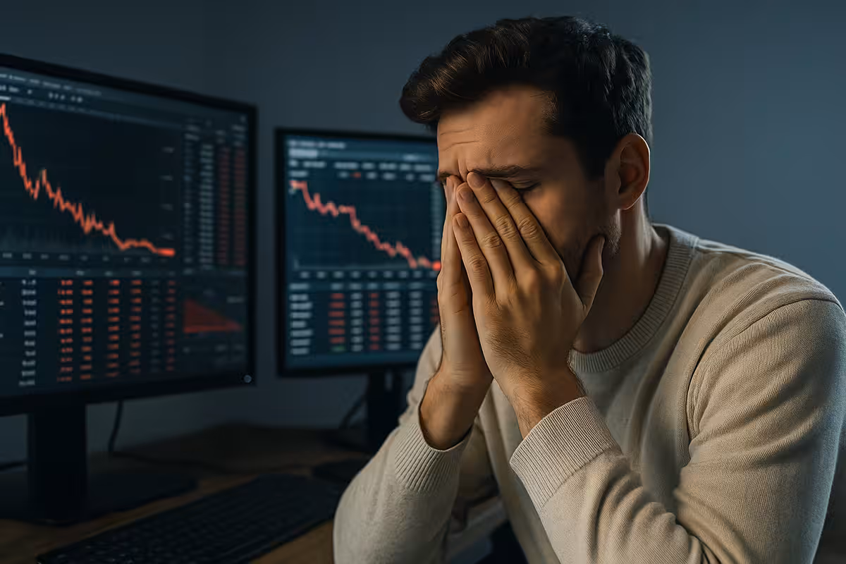 Frustrated trader sitting in front of multiple monitors displaying falling stock charts, representing the harsh reality behind meme stock options hype.