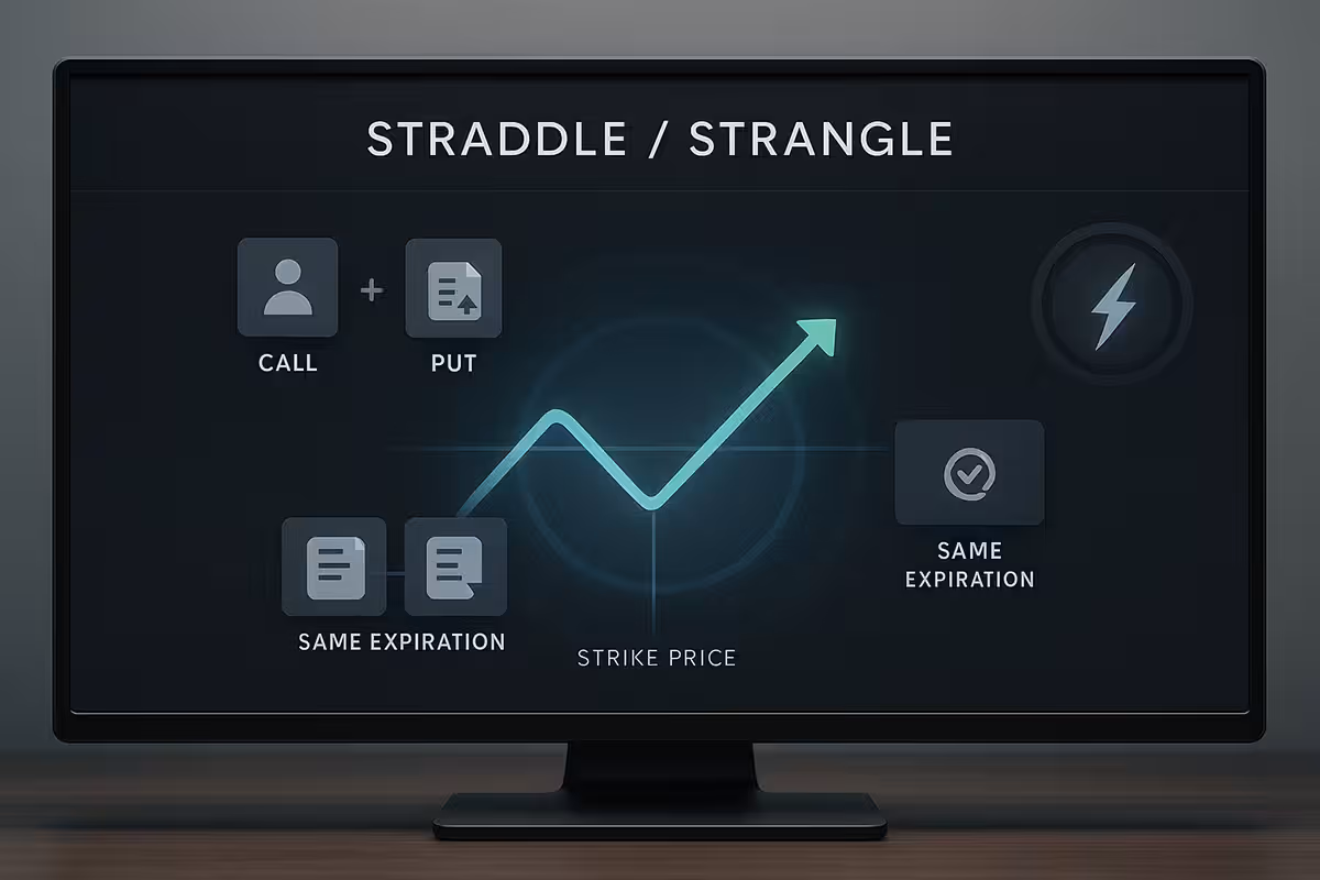 Realistic digital illustration of a trading screen showing 'Straddle / Strangle' strategy. Centered V-shaped P/L graph, glowing to indicate volatility. Two icons above for call and put options with same expiration. Straddle = close strikes; Strangle = slightly apart. Background includes lightning bolt or volatility gauge. Sleek, modern, dynamic interface.