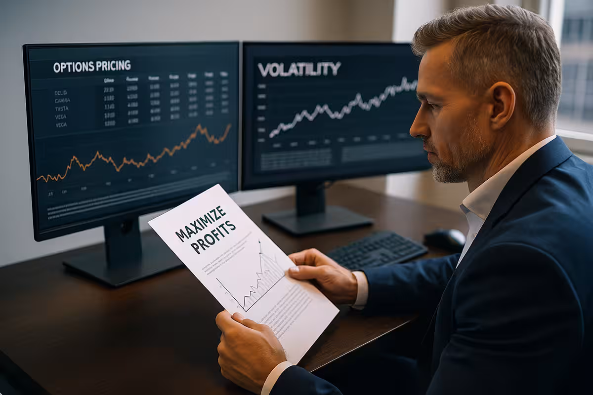 Photorealistic image of a financial professional analyzing options pricing and volatility data on dual monitors, symbolizing the market maker’s primary objective.