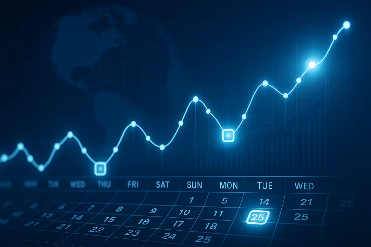Photorealistic image of a glowing calendar grid overlapped with financial charts, representing the mechanics of calendar arbitrage in options trading.