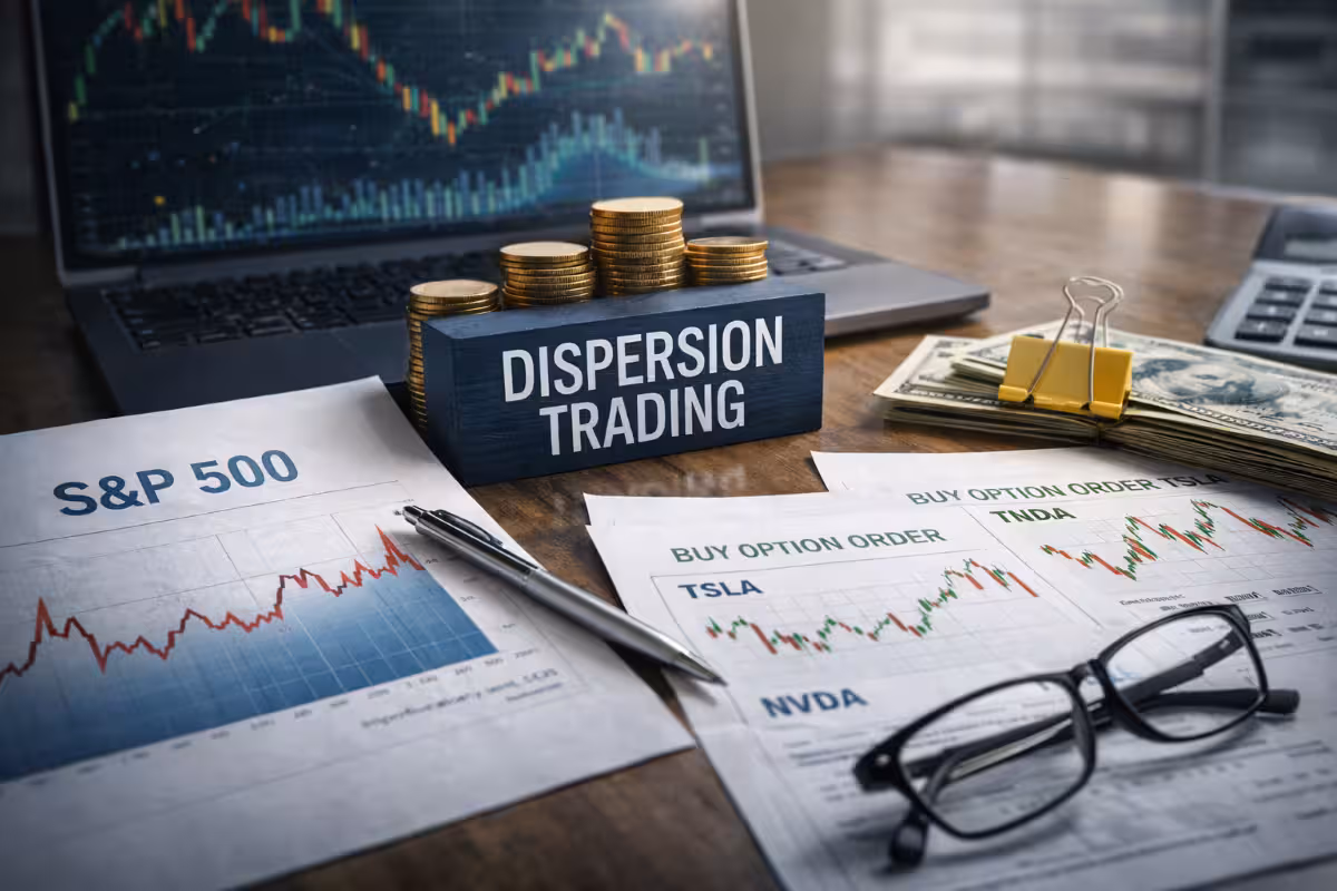 A photorealistic widescreen image showing dispersion trading mechanics, with index and single-stock option charts, coins, and trading tools arranged on a desk to illustrate index versus constituent volatility.