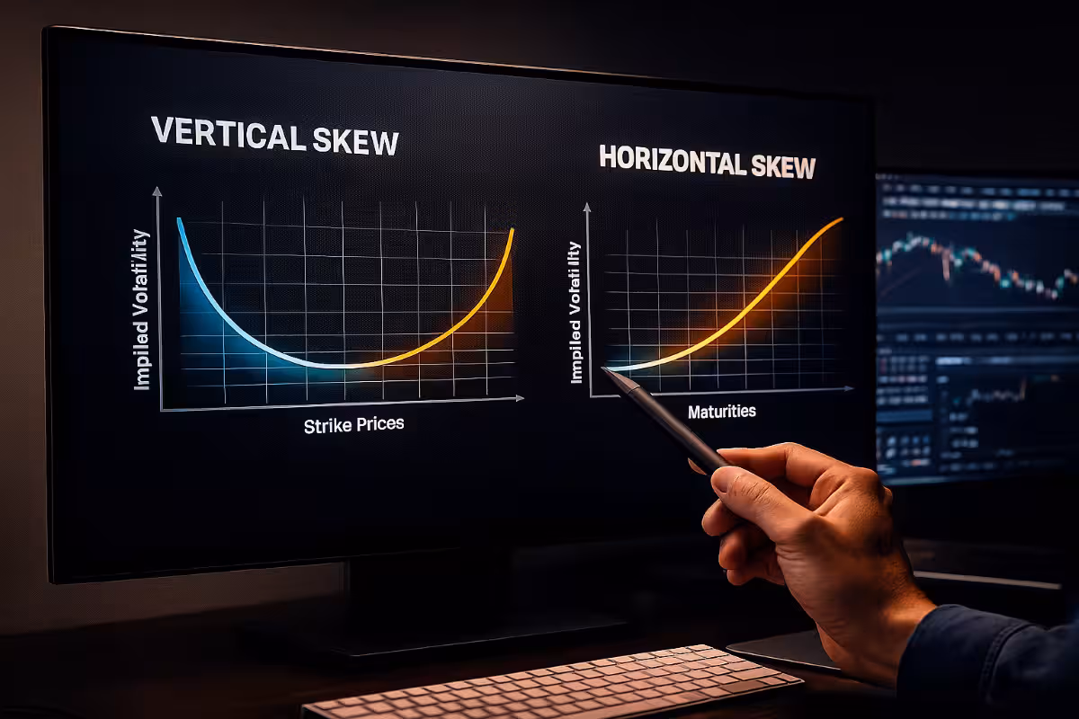 A photorealistic widescreen monitor displaying two implied volatility skew charts—vertical skew on the left and horizontal skew on the right—while a hand holding a stylus points to the rising term-structure curve, set within a modern, dimly lit trading desk environment.