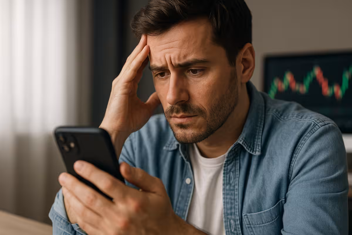 Photorealistic image of a concerned trader holding a smartphone with financial charts in the background, symbolizing the psychological benefits and risks of paper trading.