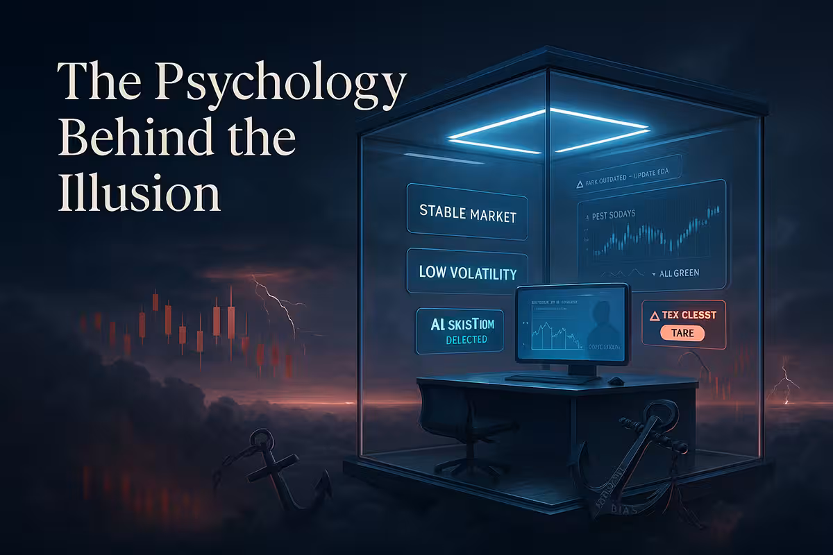 A widescreen photorealistic blog hero banner depicting a futuristic glass-walled trading chamber floating above dark storm clouds. Inside the chamber, glowing monitors display phrases like “Stable Market,” “Low Volatility,” and a chart labeled “Past 90 Days – All Green.” The lighting inside is calm with cool blue tones. Outside the chamber, swirling red storm clouds and fading candlestick charts signal hidden market risk. A broken anchor labeled “Anchoring Bias” floats near the edge. A digital mirror inside reflects a silhouette marked “Complacency,” and a fading alert at the top of the screen reads “Data Outdated – Update Required.” The title “The Psychology Behind the Illusion” floats above the scene in bold type, with space on the left for a blog title or call-to-action overlay.