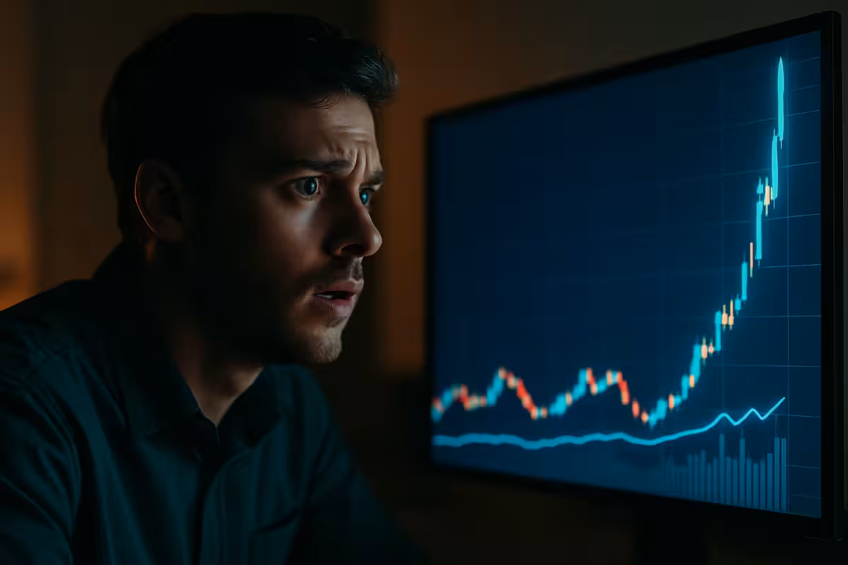 A photorealistic widescreen image of a concerned trader staring at a screen showing a skyrocketing chart, capturing the emotional tension and urgency of FOMO in trading.
