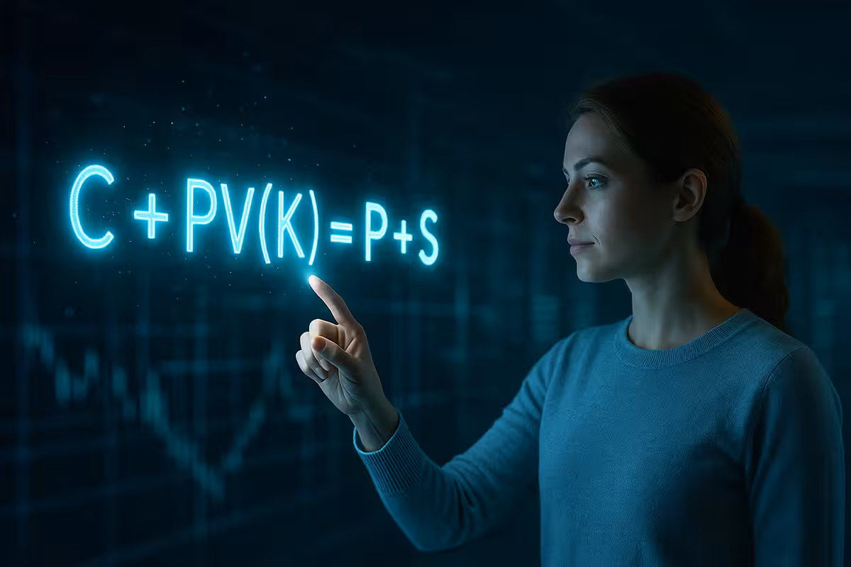 Futuristic digital painting of a woman interacting with a glowing holographic formula “C + PV(K) = P + S” in a sleek modern office, representing put-call parity in options trading