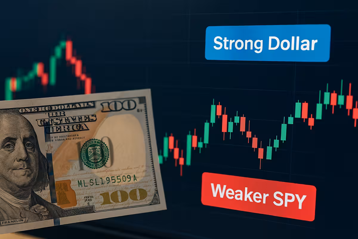 Photorealistic widescreen composite image of the U.S. dollar and SPY ETF performance charts, with a glowing financial dashboard showing inverse correlation trends.