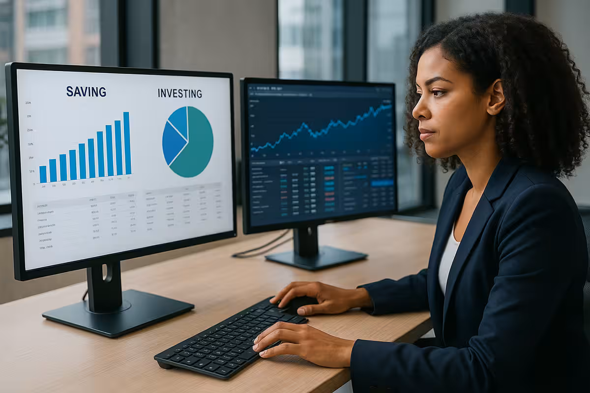 African American woman in modern office reviewing saving and investing charts on dual computer monitors as part of financial planning analysis.