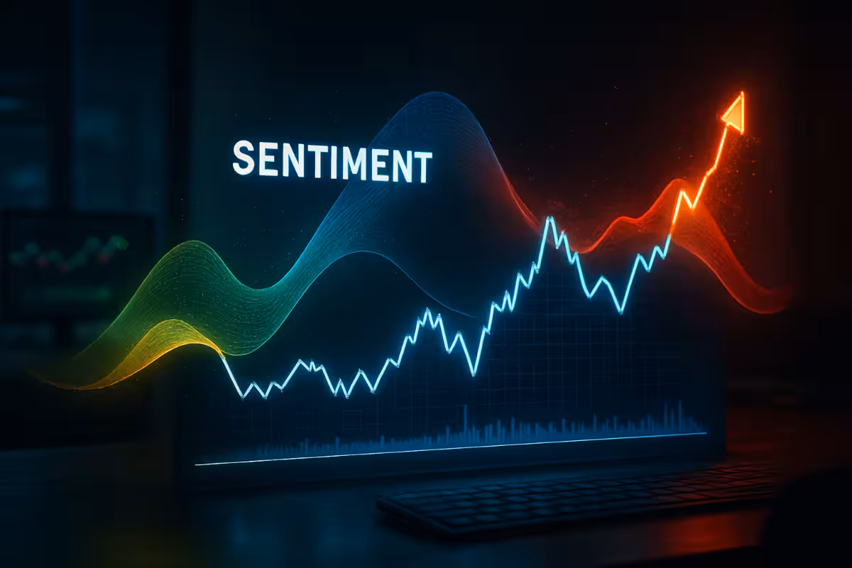 A photorealistic widescreen image of a glowing market chart being impacted by colorful holographic sentiment waves, illustrating how shifting sentiment drives volatility.
