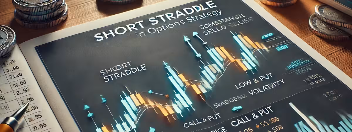Options chart showing short straddle setup with call and put at same strike, highlighting low-volatility profit strategy and risk zones.