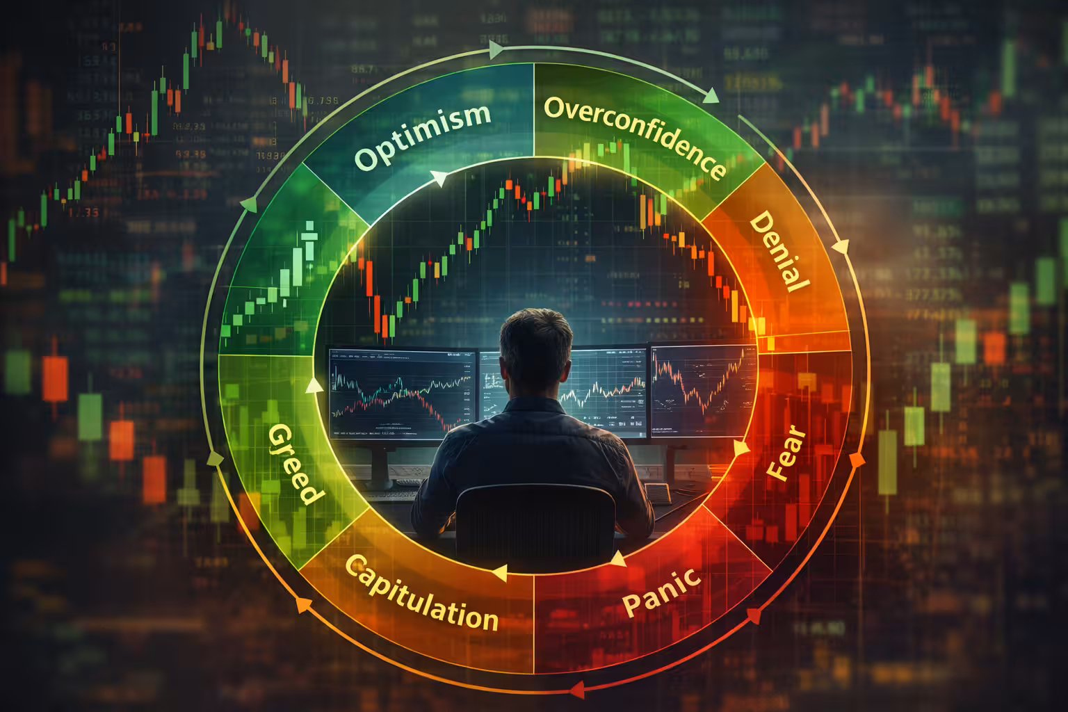 Circular diagram showing the psychological cycle of fear and greed in trading with optimism, overconfidence, denial, fear, panic, and capitulation around a stock market chart.