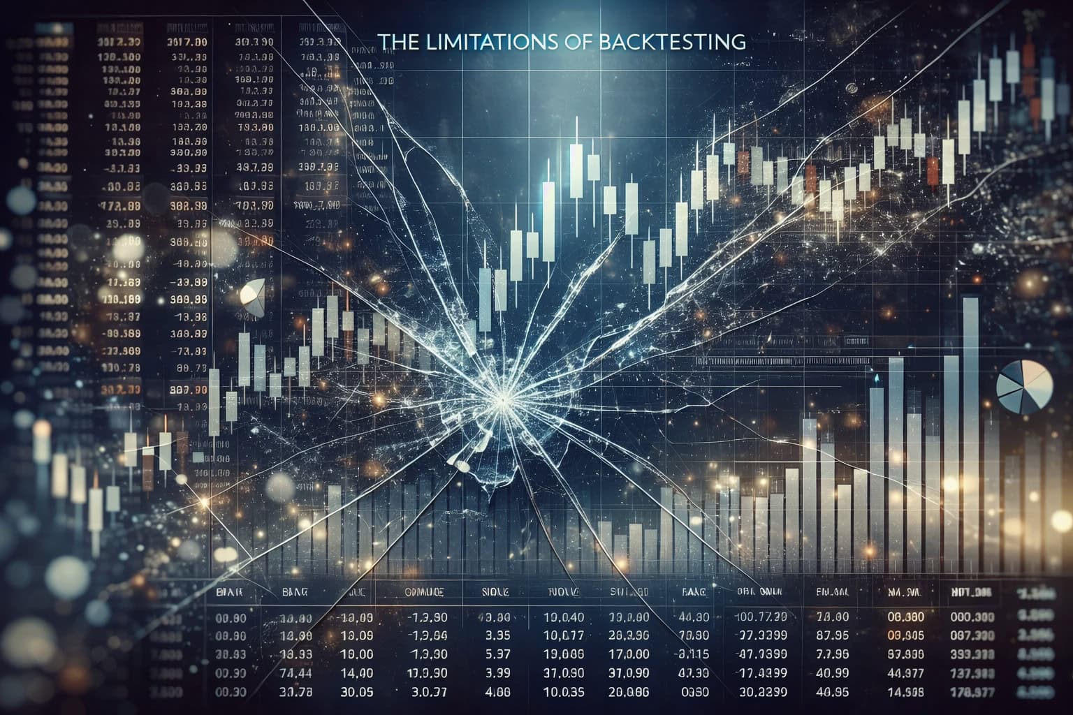 Limitations of backtesting concept with cracked glass over stock market charts, candlestick graphs, and financial data dashboard.