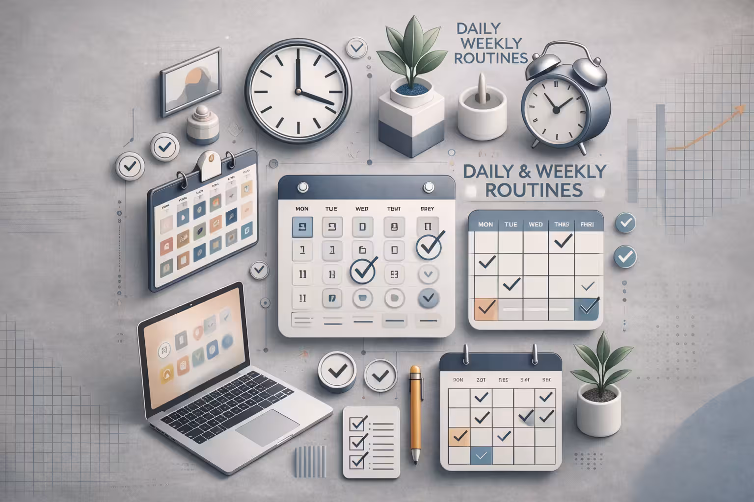 Photorealistic workspace featuring daily and weekly routine planners, wall clock, alarm clock, laptop, and checklist calendars for time management.