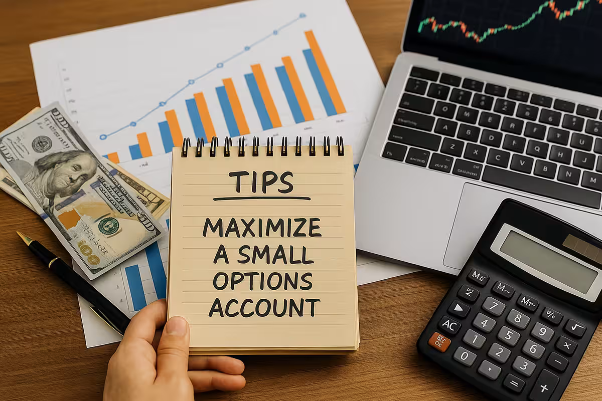 Photorealistic image of a modern trading workspace with financial charts, a laptop, cash, and tools illustrating tips to maximize a small options account.