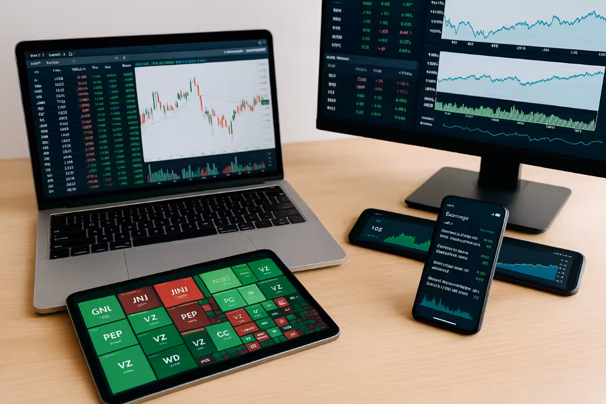 Photorealistic image of a trading desk with a laptop, monitor, tablet, and phones displaying market charts and data tools.