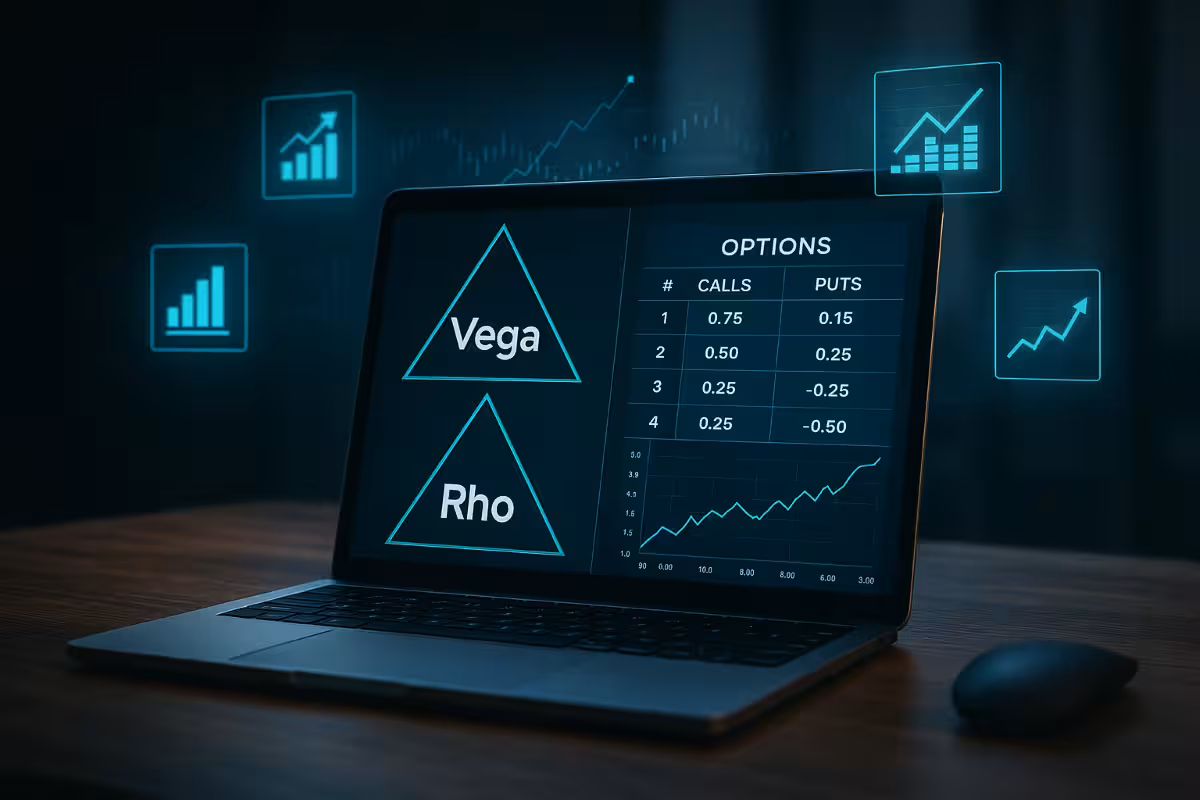 Photorealistic image of a trading laptop showing Vega and Rho analytics with holographic financial charts, symbolizing tools and platforms for monitoring volatility and interest rate sensitivity in options trading.