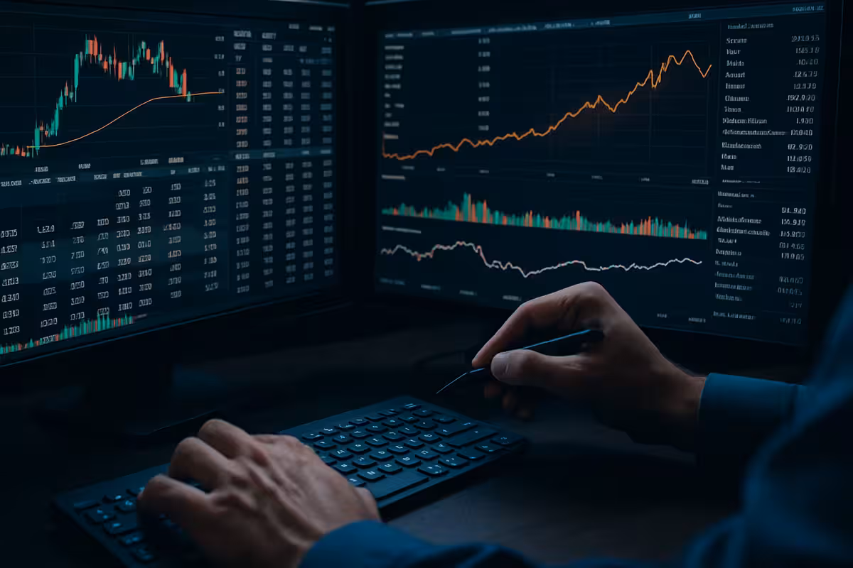 Close-up of a trader’s hands using advanced financial tools and analyzing detailed charts on dual monitors to stay ahead in volatile markets.