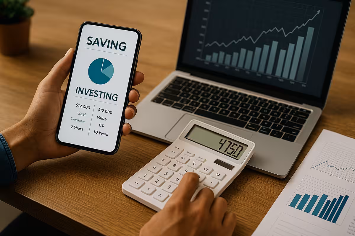 Person using a smartphone app and calculator alongside a laptop and financial documents, representing tools and resources for saving and investing.