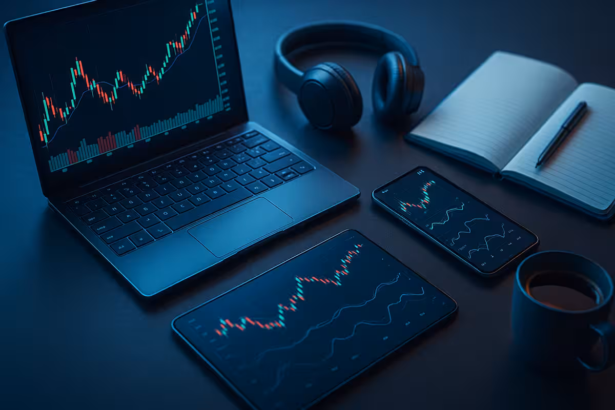 Futuristic photorealistic trading workstation with holographic monitors showing 3D stock charts, a laptop, tablet, smartphone, and wireless headphones, symbolizing advanced tools and resources to enhance a trading routine.