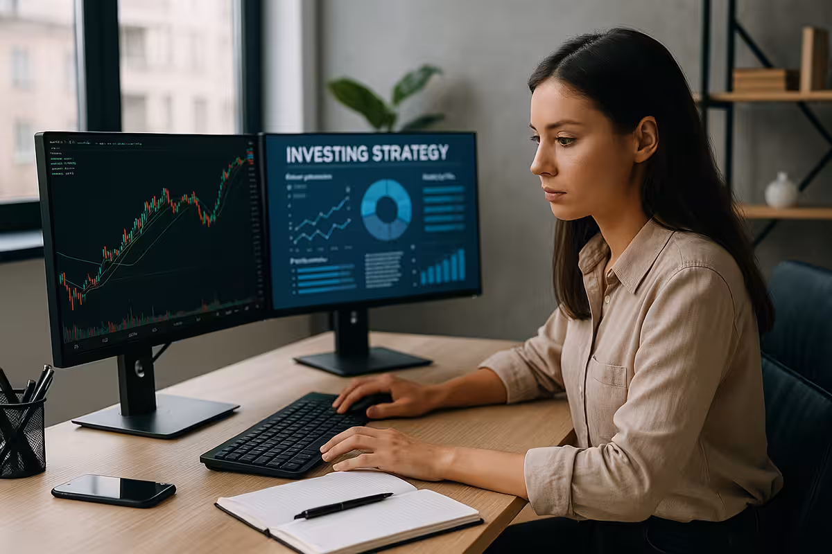 Photorealistic widescreen image of a young trader using multiple strategy tools on a dual-monitor setup in a well-lit home office, symbolizing a structured transition from a 9-5 job to options trading.