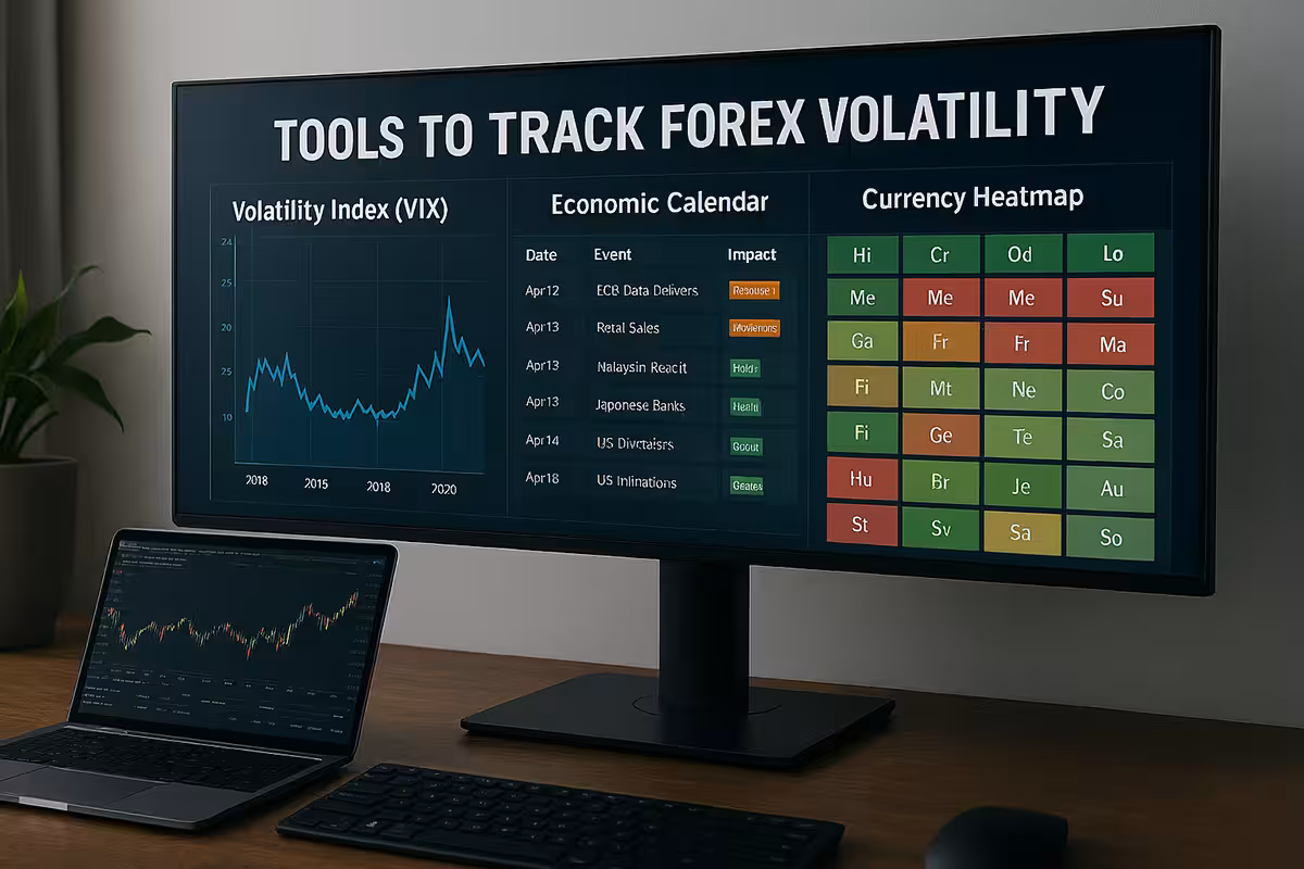Photorealistic widescreen image of a modern trading workstation with multiple monitors displaying forex volatility indicators, currency charts, and economic news dashboards.