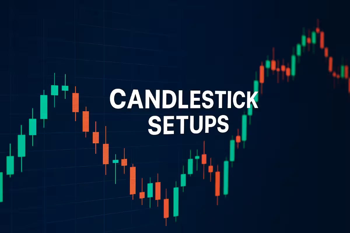 Green and red candlestick chart on a dark background, representing candlestick setups for trading.