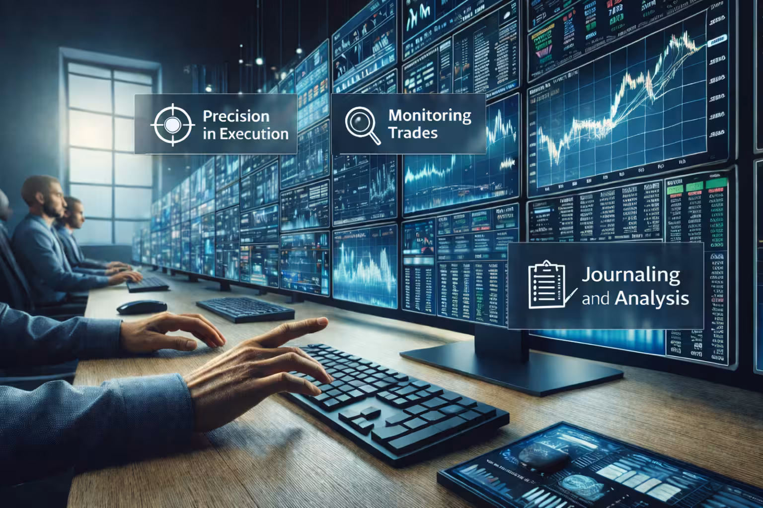 Professional traders executing and managing trades in a modern trading office with multiple large monitors displaying real-time stock charts, market data, and performance analytics.