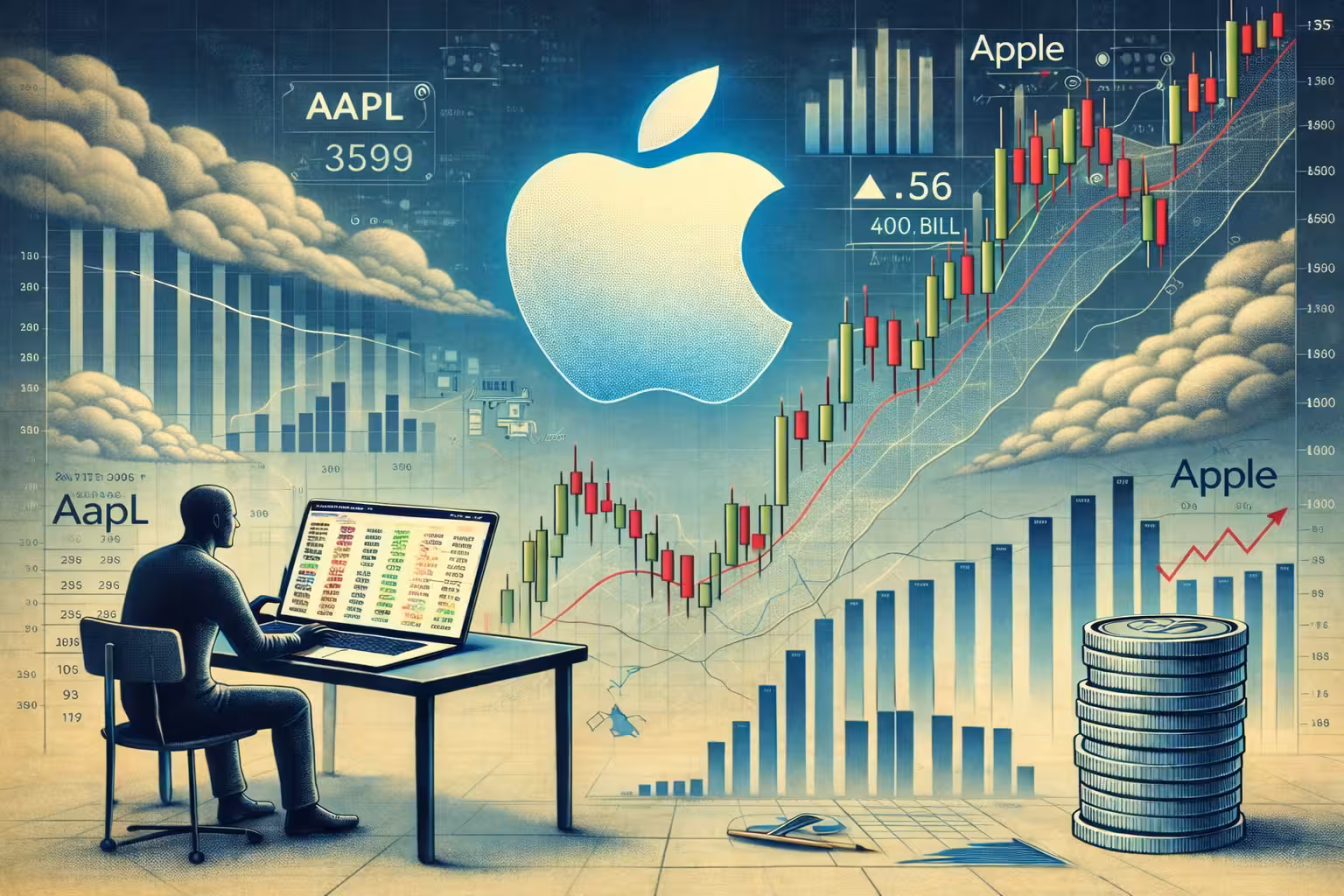 Apple AAPL stock analysis illustration with trader reviewing charts, candlestick graphs, and market data for an options trading case study.