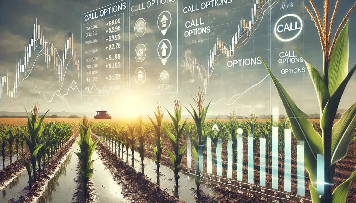 The image features visuals of corn crops, stock market charts, and upward price trends, symbolizing the increase in corn prices due to unpredictable planting conditions and weather disruptions. Subtle icons for call options emphasize the trader's strategy to profit from rising prices. The atmosphere is clear and educational, showing how traders can capitalize on seasonal trends in agriculture, specifically with corn options in spring.