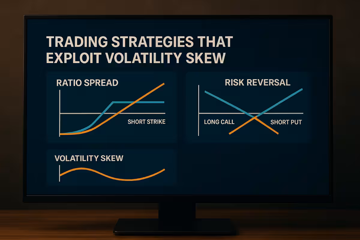 A widescreen monitor displays ratio spread, risk reversal, and volatility skew charts on a dark trading desk, shown in a clean photorealistic financial workspace.