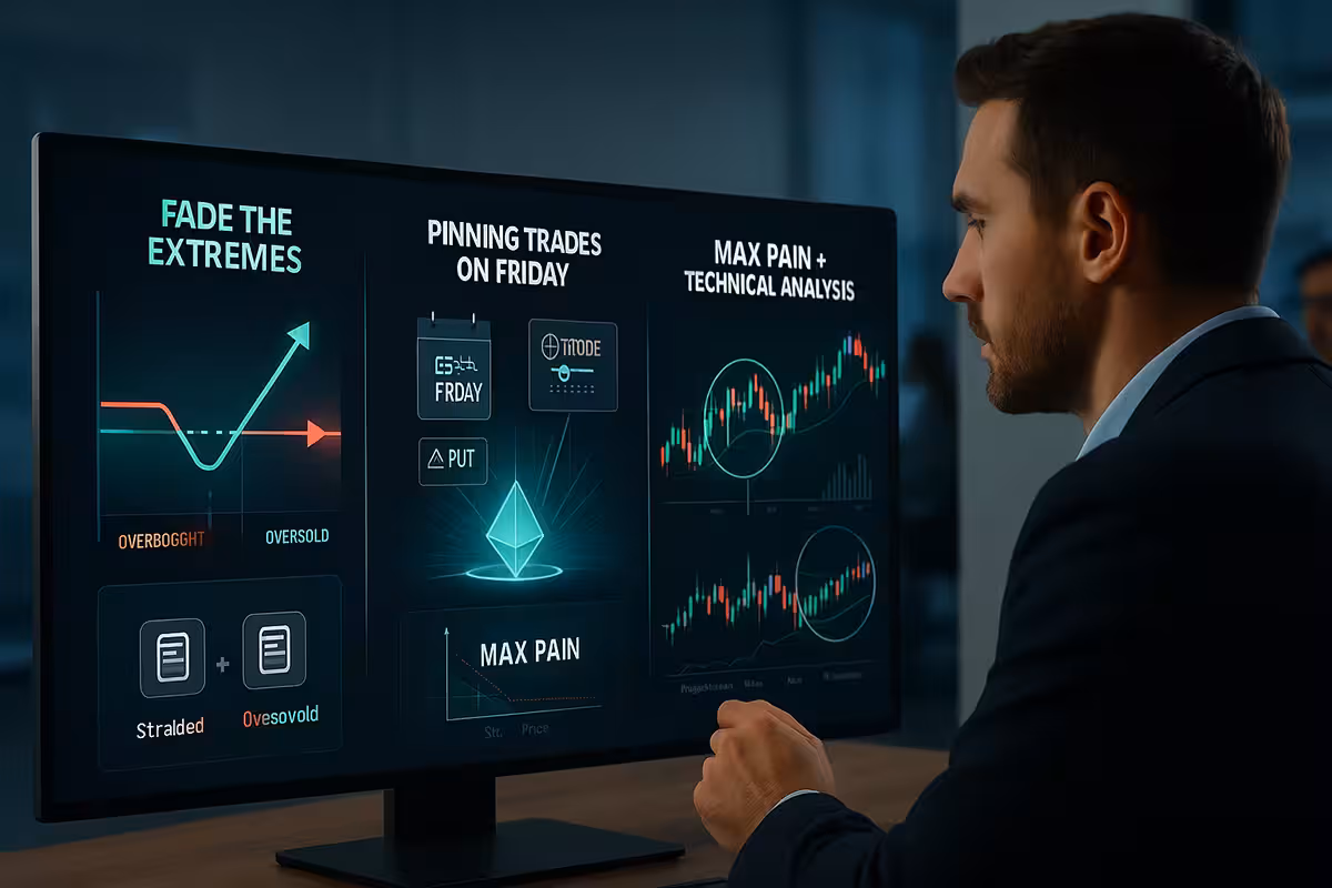 Realistic digital illustration of a trading desk with a focused trader analyzing three glowing panels on a large monitor. Panels show Max Pain-based strategies: 'Fade the Extremes' with overbought/oversold zones, 'Pinning Trades on Friday' with 0DTE/OPEX visuals, and 'Max Pain + Technical Analysis' with charts and trendlines. Dark, sleek environment with soft neon highlights—serious and strategic tone.