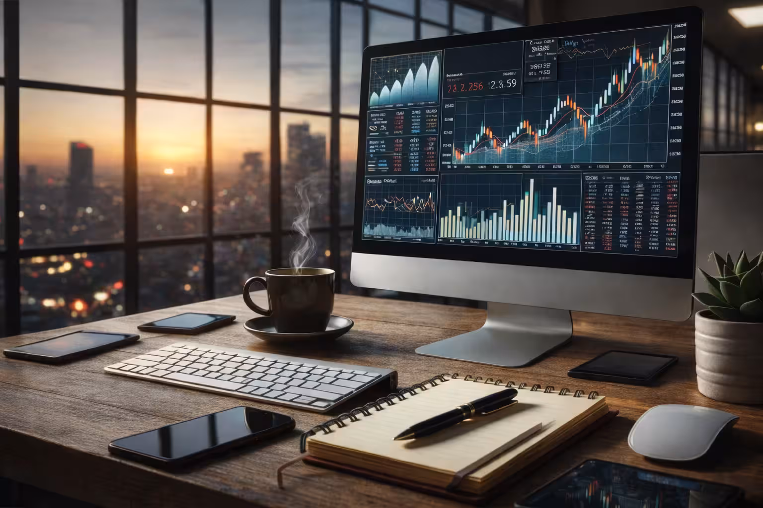 Modern stock trading desk setup with large monitor displaying financial charts, city skyline sunset view, coffee mug, smartphone, and notebook on wooden workspace.