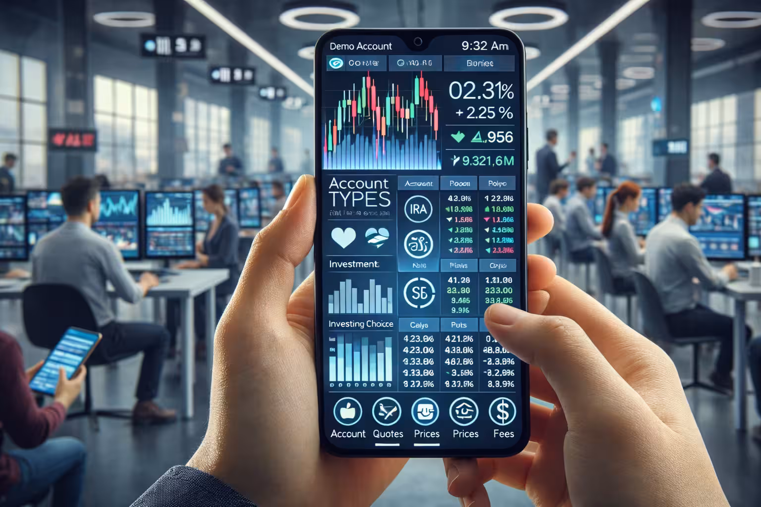 Mobile trading app with clean user-friendly interface displaying charts and account data in a modern trading office environment.