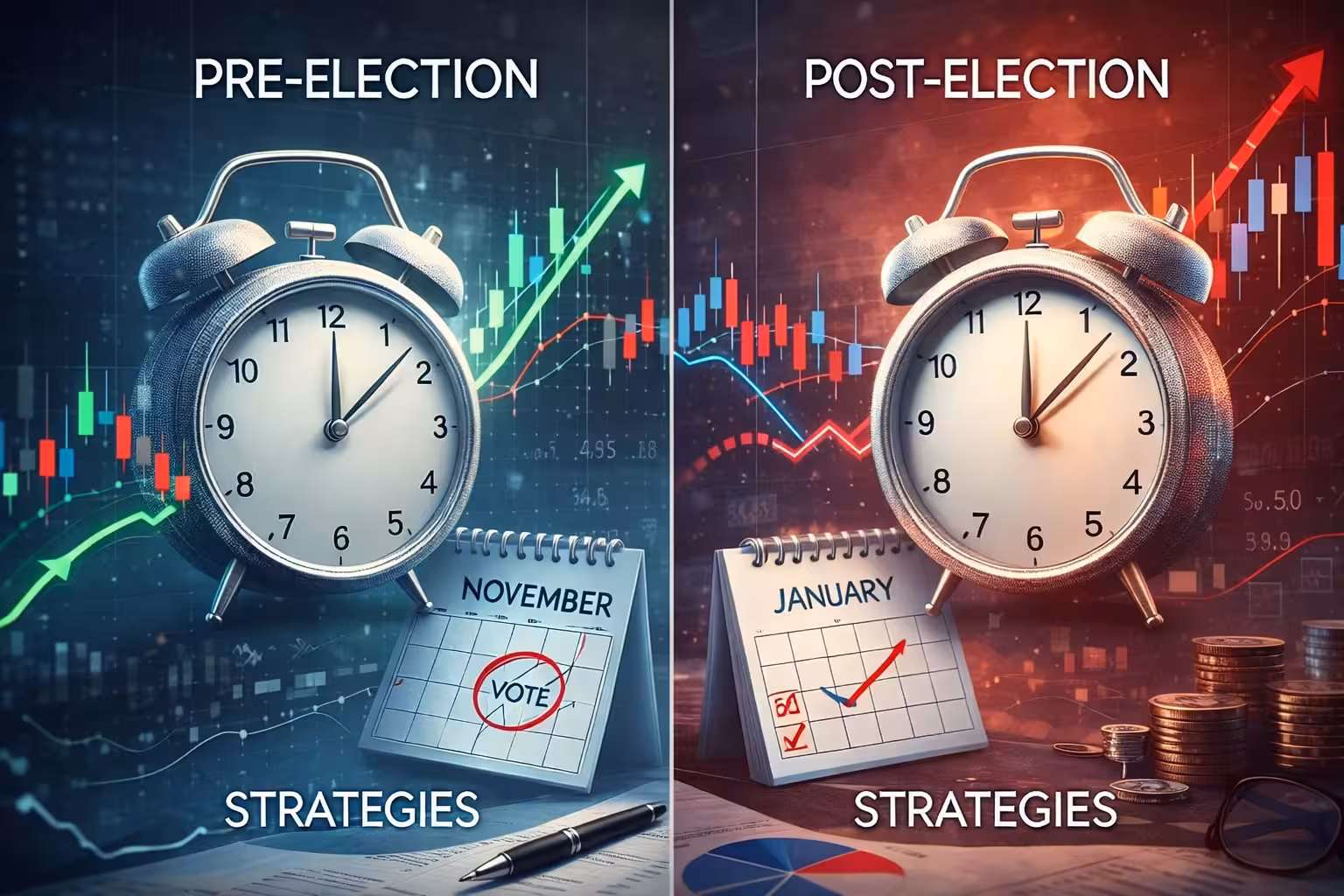 Split illustration showing pre-election and post-election timing strategies in options trading with clocks, calendars, and rising and falling stock market charts.