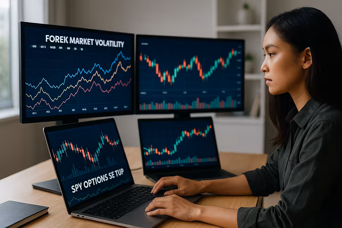 Photorealistic widescreen image of an Asian female trader analyzing forex volatility and SPY options strategies at a high-tech trading desk with charts and data projections.