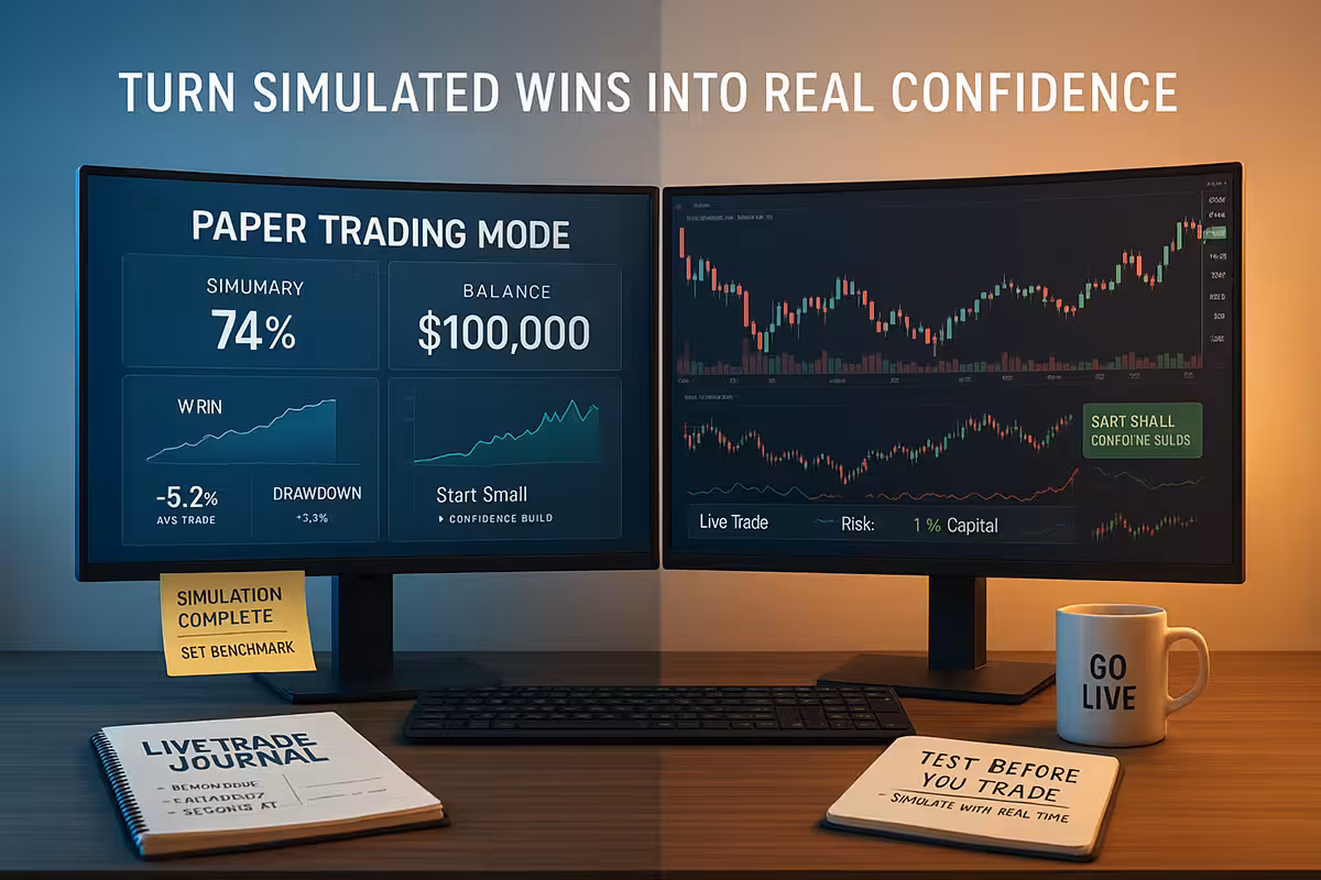 A widescreen photorealistic digital image of a split trading desk showing the transition from simulated to live trading. On the left side, a monitor labeled “Paper Trading Mode” displays a simulated trade summary with performance metrics like win rate, P&L curve, and drawdown. A sticky note nearby reads “Simulation Complete – Set Benchmark.” On the right side, the screen shows a live trading interface with a modest contract size and a tracker labeled “Live Trade – Risk: 1% Capital.” A green alert reads “Start Small – Confidence Builds.” A notebook titled “Live Trade Journal” lies open on the desk, with handwritten notes and a coffee mug labeled “Go Live.” The room transitions from cool blue tones on the left to warm light on the right, symbolizing growth. A glowing prompt across the top reads: “Turn Simulated Wins Into Real Confidence.”