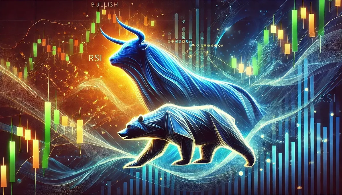 A minimalistic and abstract digital image representing RSI divergences in trading, removing the bull and bear symbols for a cleaner and more conceptual look. The image features fluid, dynamic lines and contrasting colors to depict bullish and bearish divergences without any direct market imagery. A futuristic, data-driven aesthetic with glowing RSI chart elements enhances the theme, making it visually compelling while maintaining a refined, abstract feel.