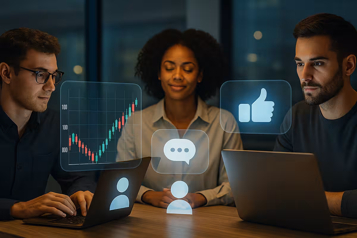 Photorealistic widescreen image of traders in a modern workspace and remote setups, connected through screens displaying financial charts, trending stock tickers, and community chatrooms, symbolizing different types of social influence in options trading such as peer pressure, herd mentality, and confidence shifts.