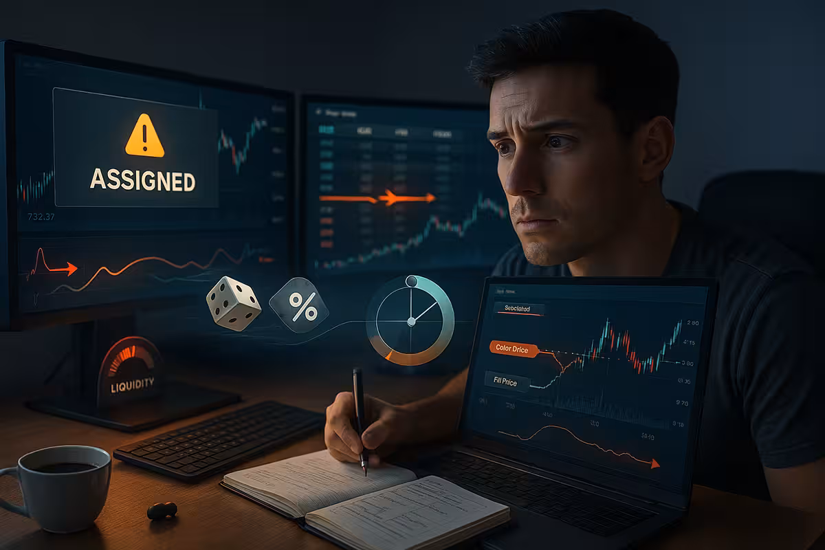 Realistic vertical digital illustration of a young options trader seated at a desk in a dim trading room. One monitor shows a red pop-up labeled 'ASSIGNED'; another displays a thin options order book with wide bid-ask spreads. A third screen highlights a slippage event with expected vs. actual price markers. The trader looks focused and concerned, not panicked. Below the screens, a liquidity gauge dips into red and arrows show spread width. Lighting is cool, with subtle red and amber highlights—realistic, cautious mood.