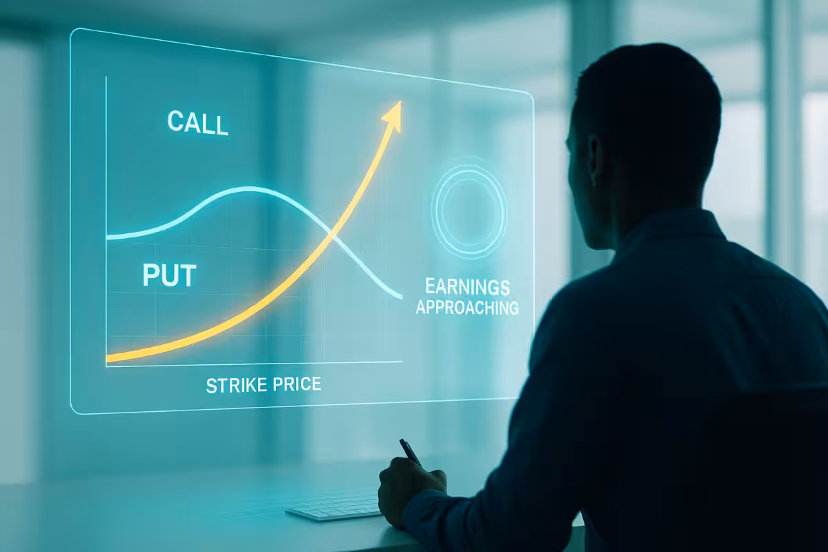 A photorealistic widescreen scene showing a trader’s silhouette studying a large holographic display of implied volatility skew curves and an earnings countdown in a modern tech-lit workspace.