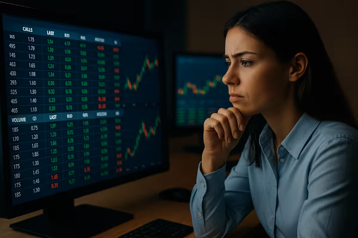 Photorealistic image of a female trader studying charts and option volume data on computer screens, symbolizing analysis, focus, and precision in modern options trading.