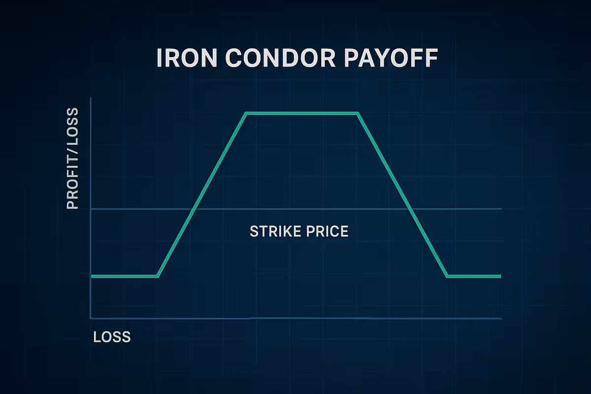 Photorealistic widescreen image of a modern trading desk showing an Iron Condor payoff chart on a large curved monitor, symbolizing risk-managed options trading.