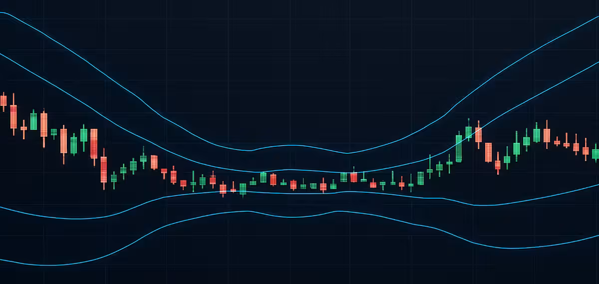 Digital financial chart showing red and green candlestick price movements over a dark grid background, with glowing blue Bollinger Bands tightly contracted within broader blue Keltner Channels. The overlapping bands illustrate a market “squeeze” condition, signaling low volatility and potential for a significant breakout.