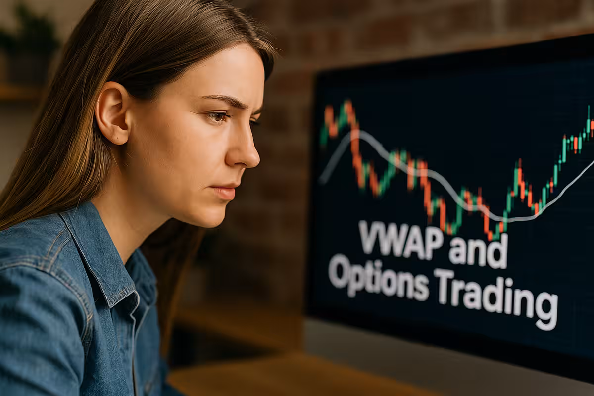 Photorealistic widescreen image of a young Caucasian woman closely examining a trading chart on her laptop, with VWAP indicators and candlestick patterns visible.