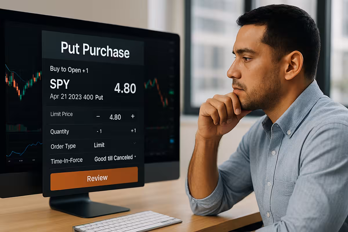 Photorealistic image of a Latino trader reviewing a real-life put option purchase on multiple trading screens.