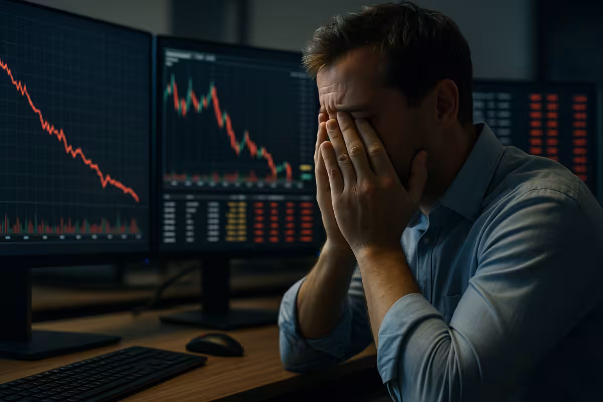 Anxious trader surrounded by crashing red stock charts on multiple monitors, illustrating early warning signs of an impending blow-up in options trading.
